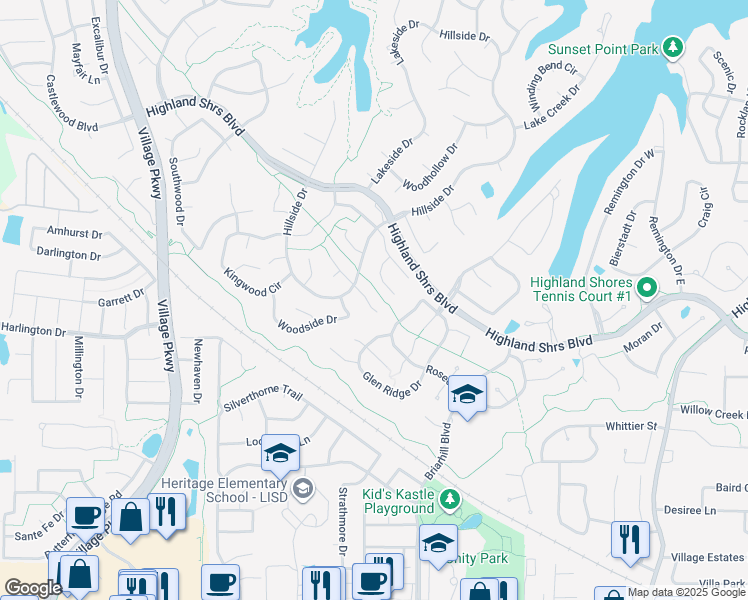 map of restaurants, bars, coffee shops, grocery stores, and more near 2725 Fernwood Drive in Highland Village