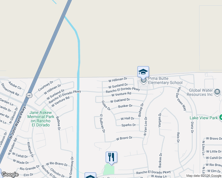 map of restaurants, bars, coffee shops, grocery stores, and more near 42635 West Sunland Drive in Maricopa