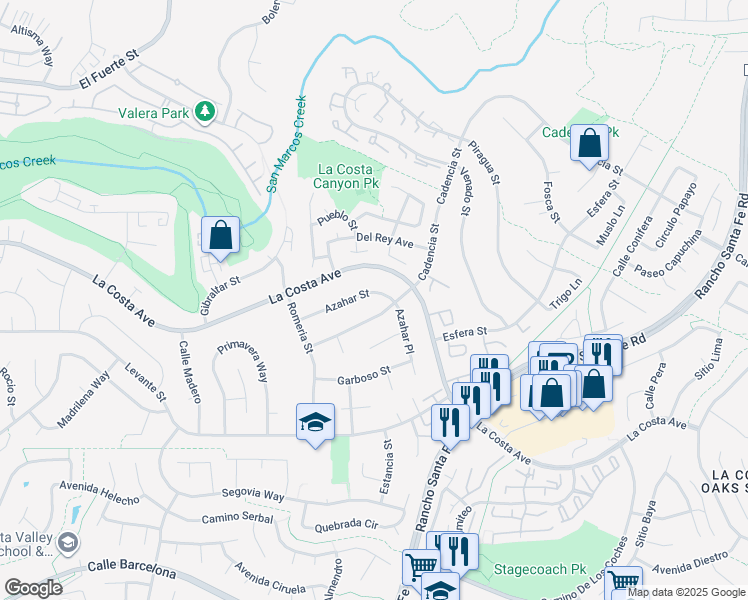 map of restaurants, bars, coffee shops, grocery stores, and more near 3017 Azahar Street in Carlsbad