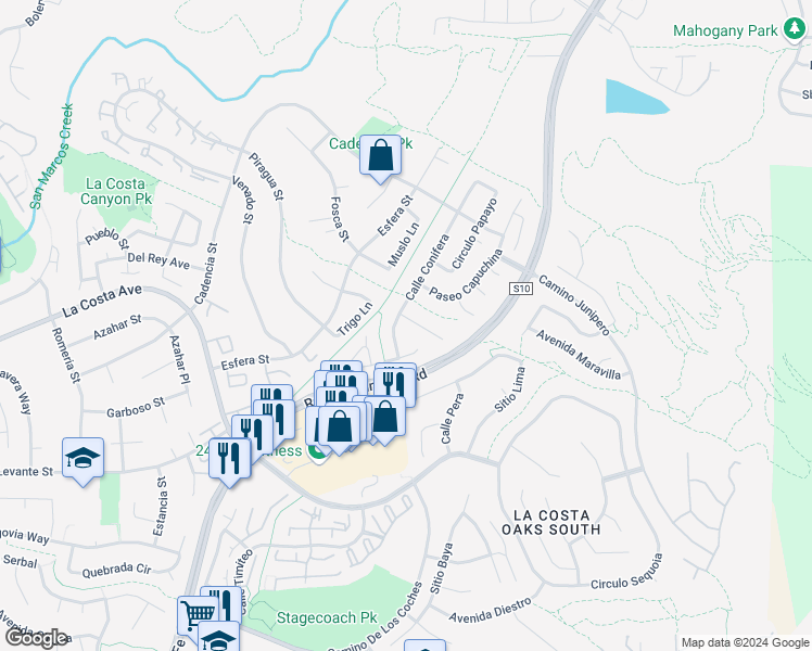 map of restaurants, bars, coffee shops, grocery stores, and more near 3407 Corte Aciano in Carlsbad