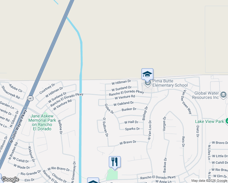 map of restaurants, bars, coffee shops, grocery stores, and more near 42635 West Sunland Drive in Maricopa