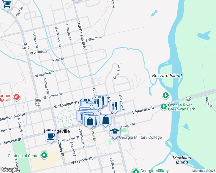 map of restaurants, bars, coffee shops, grocery stores, and more near 337 North Elbert Street in Milledgeville