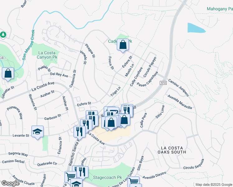 map of restaurants, bars, coffee shops, grocery stores, and more near 7442 Trigo Lane in Carlsbad