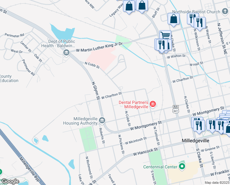 map of restaurants, bars, coffee shops, grocery stores, and more near 939 West Charlton Street in Milledgeville