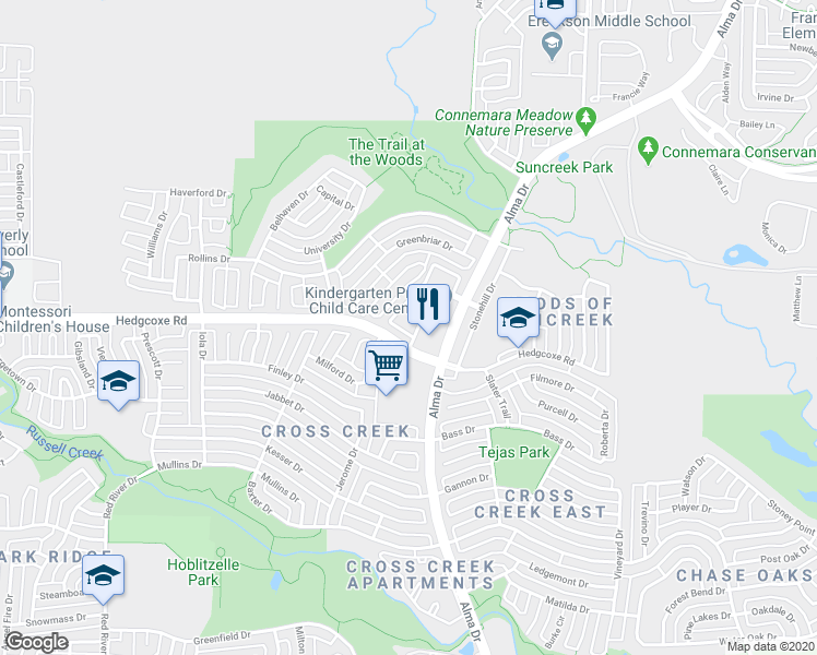 map of restaurants, bars, coffee shops, grocery stores, and more near 1620 Southwestern Drive in Allen