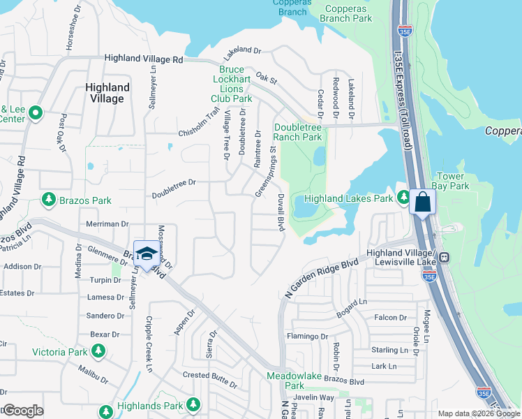 map of restaurants, bars, coffee shops, grocery stores, and more near 326 Big Elm Street in Highland Village