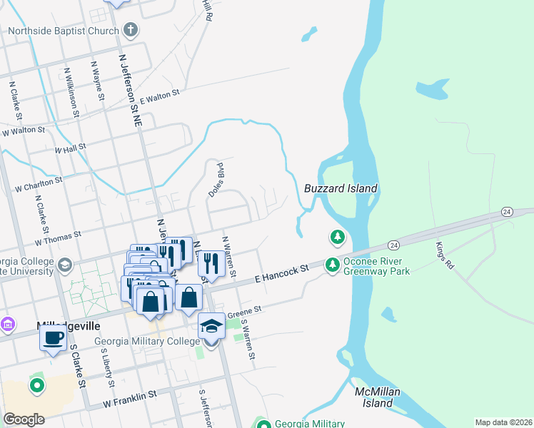 map of restaurants, bars, coffee shops, grocery stores, and more near 520 East Montgomery Street in Milledgeville