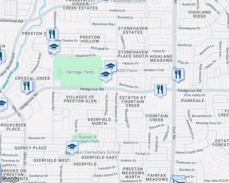 map of restaurants, bars, coffee shops, grocery stores, and more near 4500 Nunnley Drive in Plano