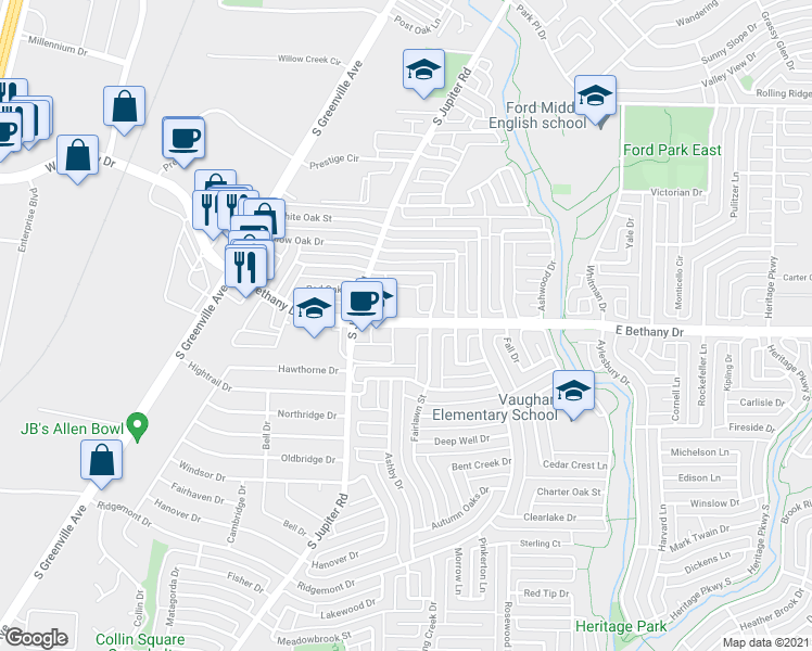 map of restaurants, bars, coffee shops, grocery stores, and more near 640 East Bethany Drive in Allen