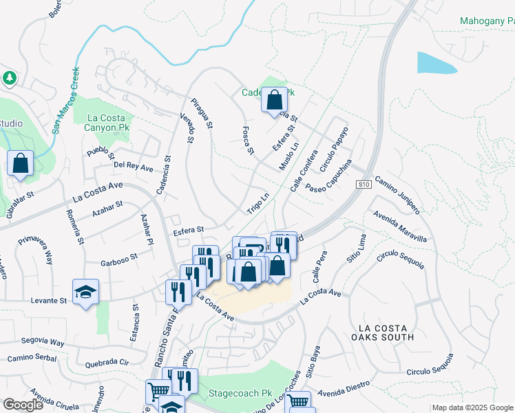 map of restaurants, bars, coffee shops, grocery stores, and more near 7442 Trigo Lane in Carlsbad