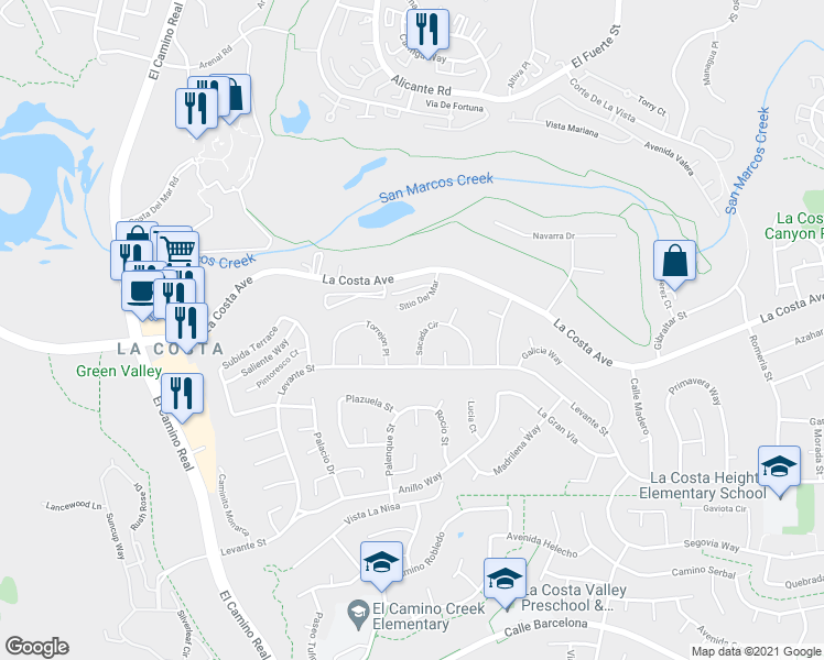 map of restaurants, bars, coffee shops, grocery stores, and more near 2406 Sacada Circle in Carlsbad