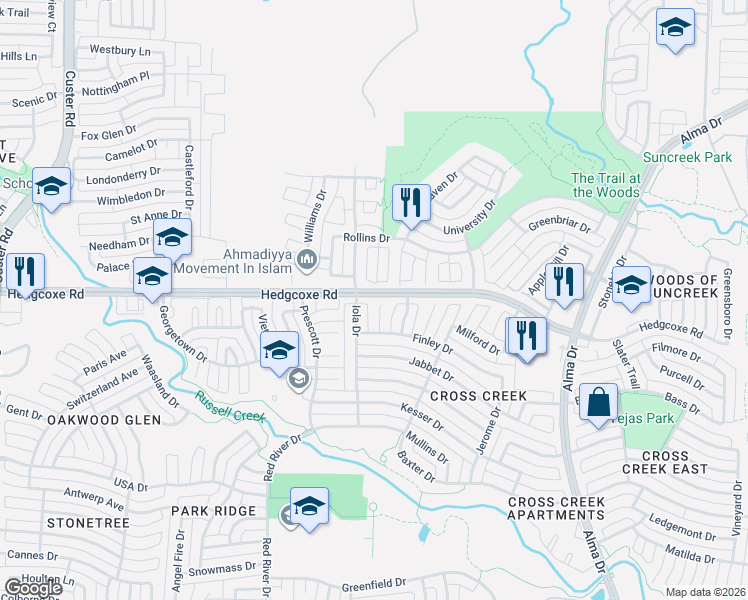 map of restaurants, bars, coffee shops, grocery stores, and more near 7912 Simpkins Place in Plano