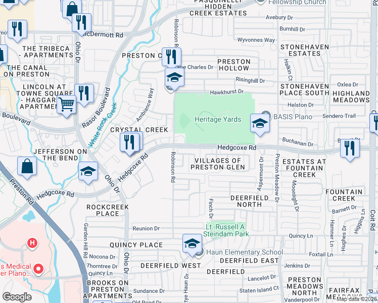 map of restaurants, bars, coffee shops, grocery stores, and more near 7910 Brookmount Street in Plano