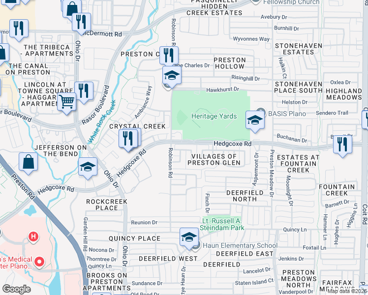 map of restaurants, bars, coffee shops, grocery stores, and more near 7910 Brookmount Street in Plano