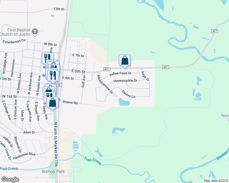 map of restaurants, bars, coffee shops, grocery stores, and more near 102 Daisey Lane in Justin