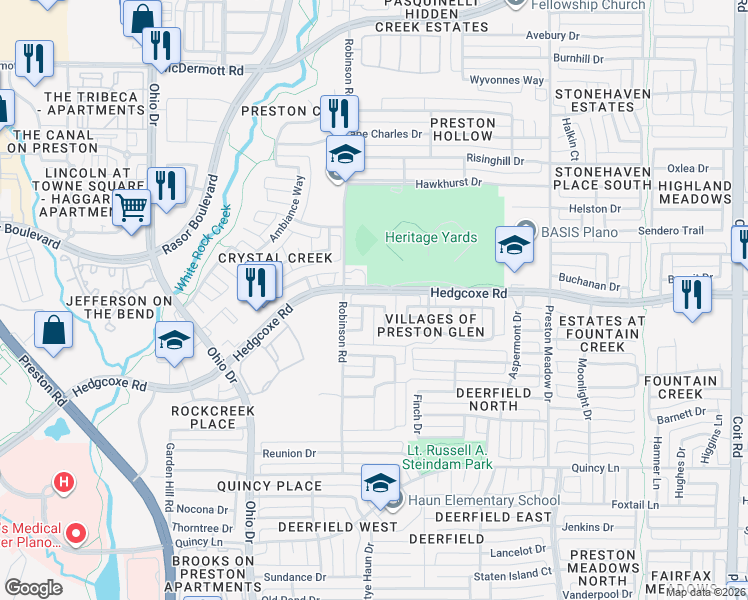 map of restaurants, bars, coffee shops, grocery stores, and more near 7910 Brookmount Street in Plano