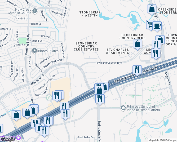 map of restaurants, bars, coffee shops, grocery stores, and more near 4220 Tributary Way in Frisco