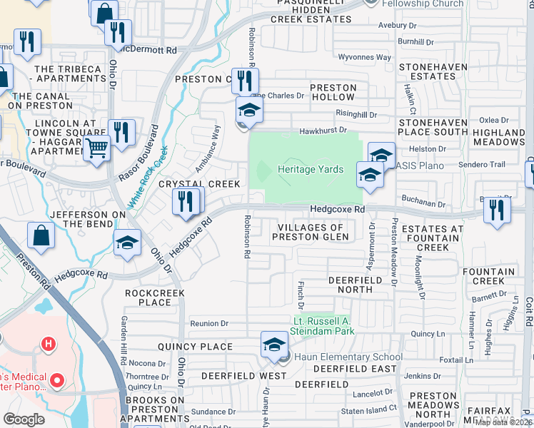 map of restaurants, bars, coffee shops, grocery stores, and more near 7910 Brookmount Street in Plano