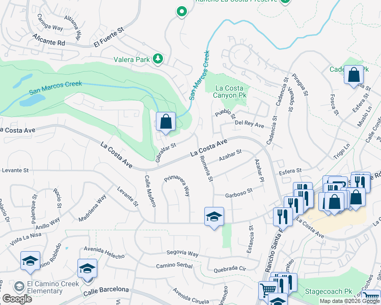 map of restaurants, bars, coffee shops, grocery stores, and more near 2950 La Costa Avenue in Carlsbad
