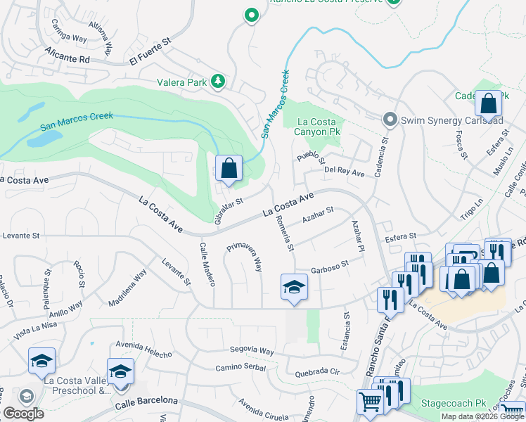 map of restaurants, bars, coffee shops, grocery stores, and more near 2950 La Costa Avenue in Carlsbad