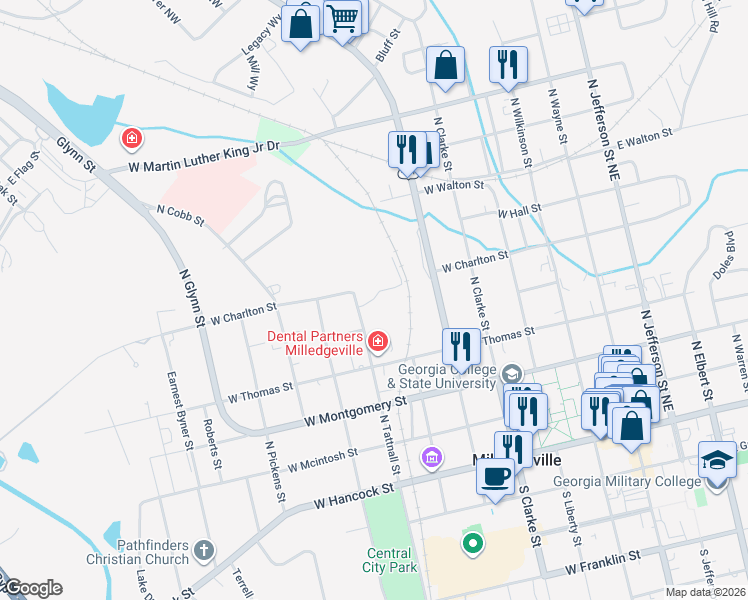 map of restaurants, bars, coffee shops, grocery stores, and more near 640 West Charlton Street in Milledgeville