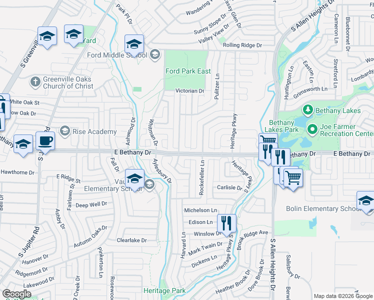 map of restaurants, bars, coffee shops, grocery stores, and more near 801 Livingston Drive in Allen
