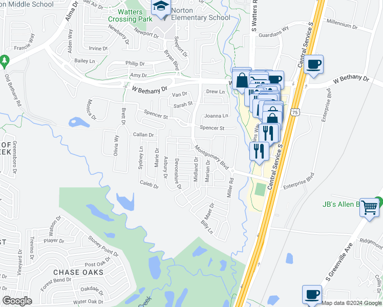 map of restaurants, bars, coffee shops, grocery stores, and more near 1103 Hampstead Lane in Allen