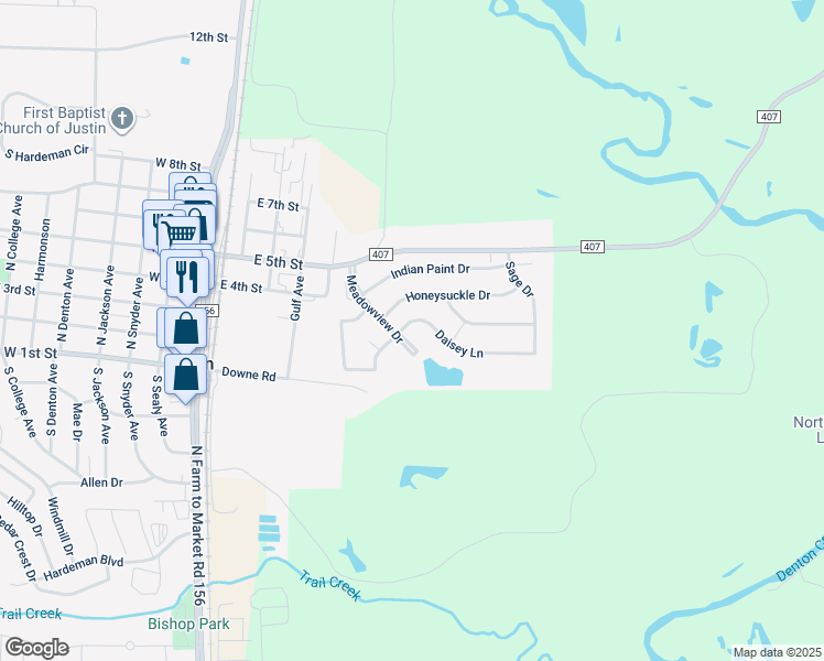 map of restaurants, bars, coffee shops, grocery stores, and more near 102 Daisey Lane in Justin