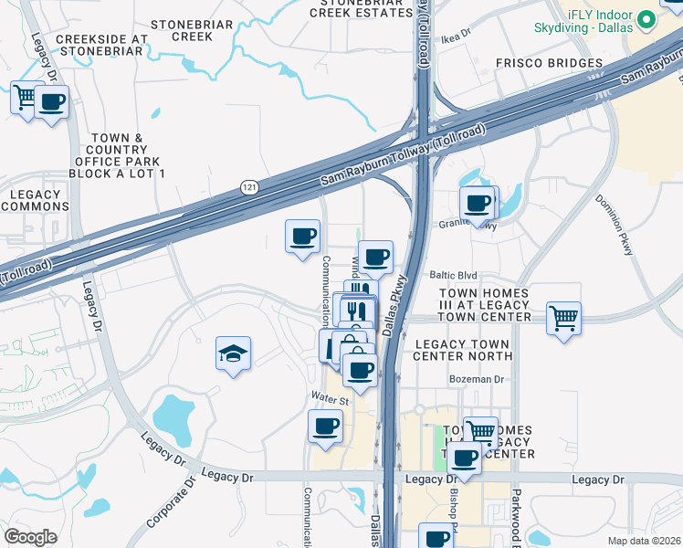 map of restaurants, bars, coffee shops, grocery stores, and more near 7901 Windrose Avenue in Frisco