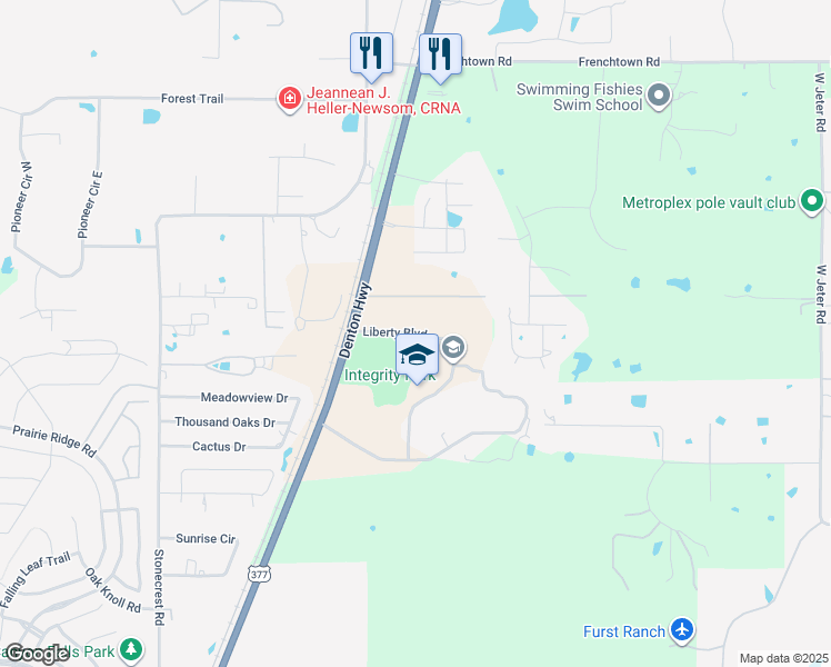 map of restaurants, bars, coffee shops, grocery stores, and more near Liberty Boulevard in Argyle