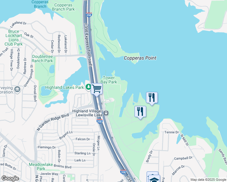 map of restaurants, bars, coffee shops, grocery stores, and more near 3000 North Stemmons Freeway in Lewisville