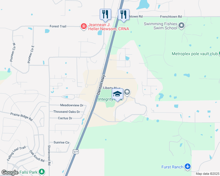 map of restaurants, bars, coffee shops, grocery stores, and more near Liberty Boulevard in Argyle