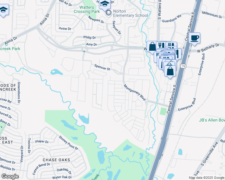 map of restaurants, bars, coffee shops, grocery stores, and more near 1116 Sewanee Drive in Allen