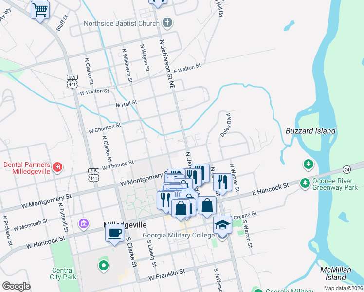 map of restaurants, bars, coffee shops, grocery stores, and more near 120 E Thomas St in Milledgeville
