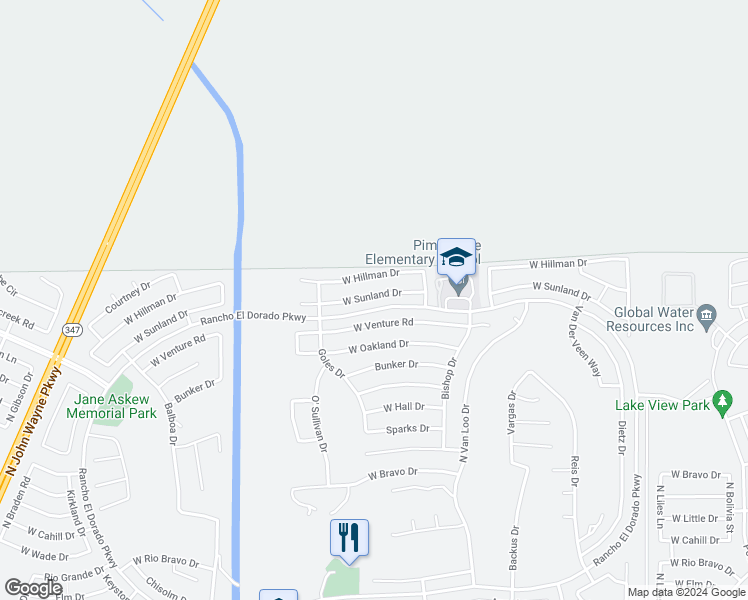 map of restaurants, bars, coffee shops, grocery stores, and more near 42527 Sunland Drive in Maricopa