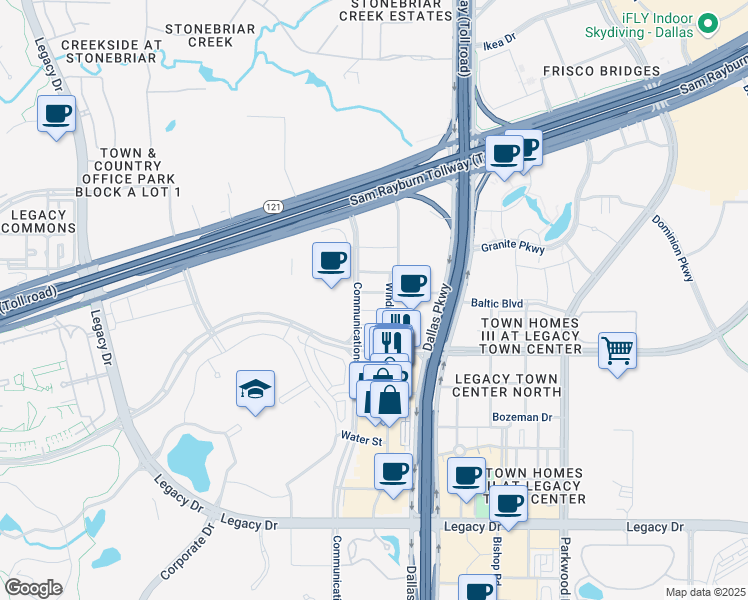 map of restaurants, bars, coffee shops, grocery stores, and more near 7901 Windrose Avenue in Frisco