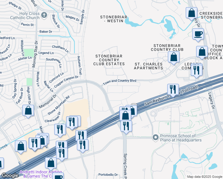 map of restaurants, bars, coffee shops, grocery stores, and more near West Spring Creek Parkway in Frisco