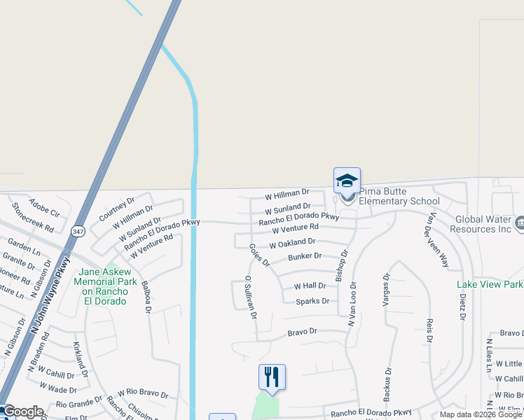 map of restaurants, bars, coffee shops, grocery stores, and more near 42682 West Sunland Drive in Maricopa