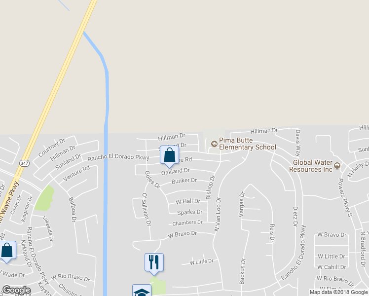 map of restaurants, bars, coffee shops, grocery stores, and more near 42443 West Sunland Drive in Maricopa