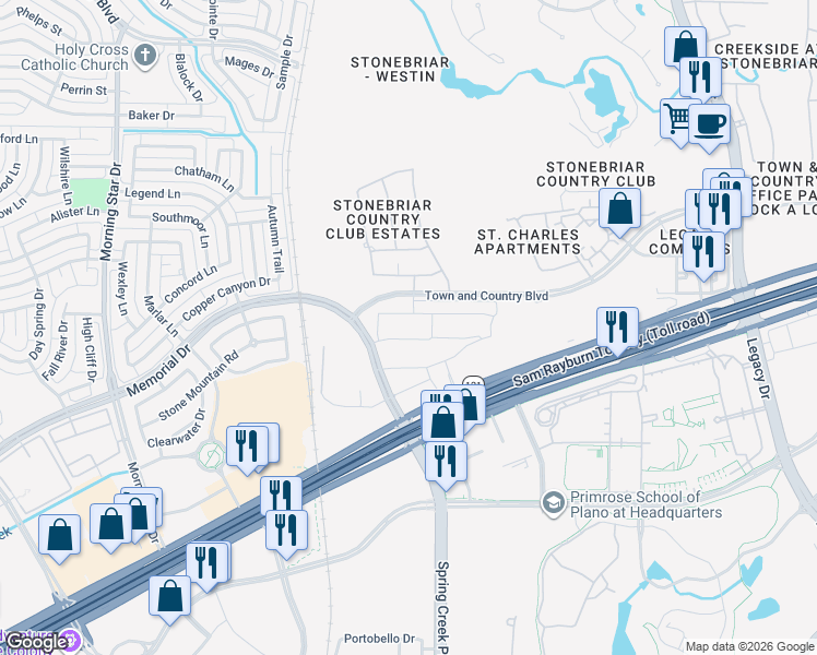 map of restaurants, bars, coffee shops, grocery stores, and more near 7224-7292 W Spring Creek Pkwy in Frisco