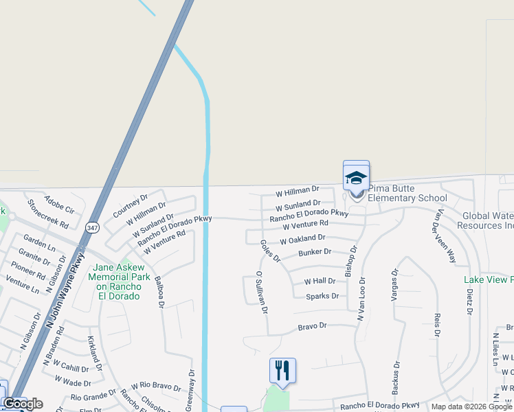 map of restaurants, bars, coffee shops, grocery stores, and more near 42803 Sunland Court in Maricopa