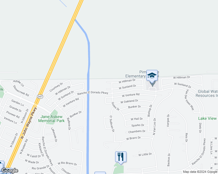 map of restaurants, bars, coffee shops, grocery stores, and more near 42792 West Sunland Drive in Maricopa