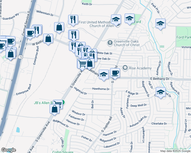 map of restaurants, bars, coffee shops, grocery stores, and more near 8 Bethany Park Drive in Allen