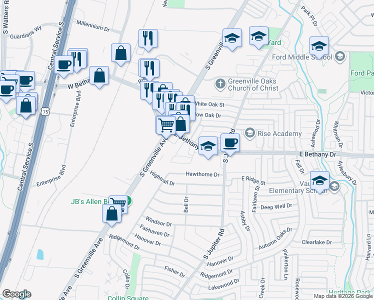 map of restaurants, bars, coffee shops, grocery stores, and more near 8 Bethany Park Drive in Allen