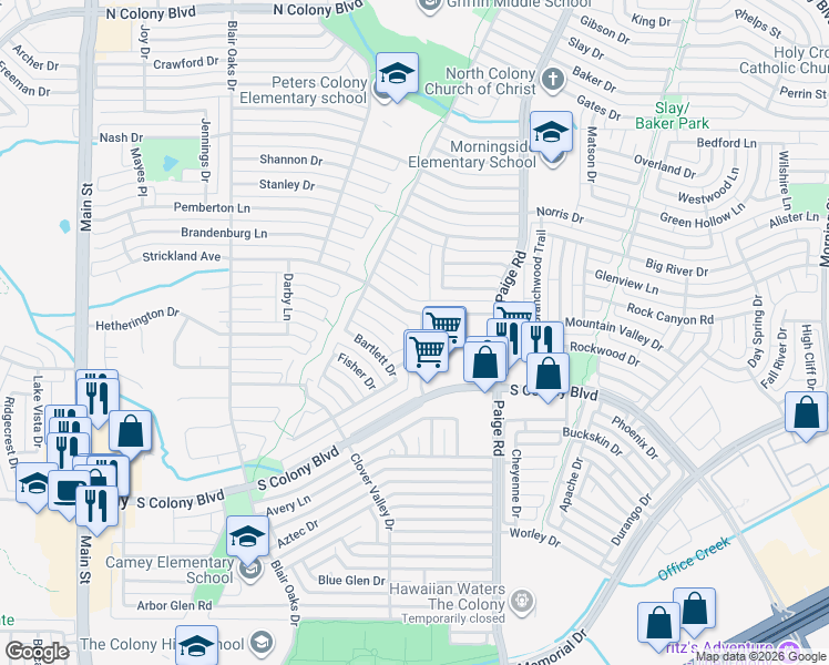 map of restaurants, bars, coffee shops, grocery stores, and more near 5209 Ivy Drive in The Colony