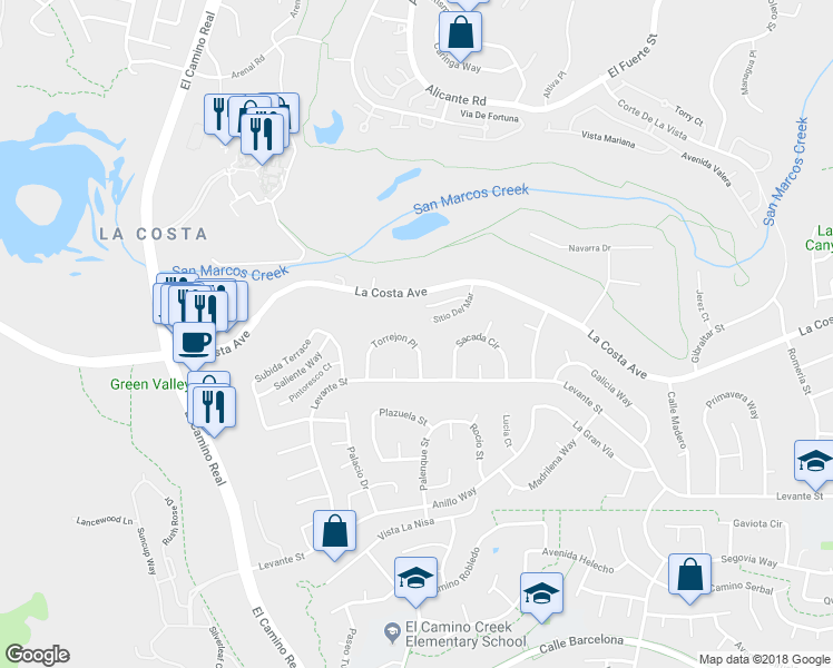 map of restaurants, bars, coffee shops, grocery stores, and more near 2454 Torrejon Place in Carlsbad