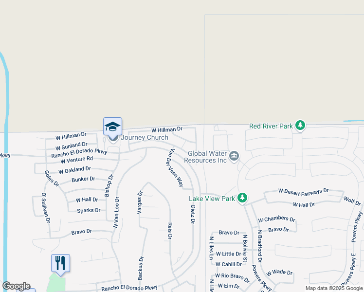 map of restaurants, bars, coffee shops, grocery stores, and more near 22499 Dietz Drive in Maricopa