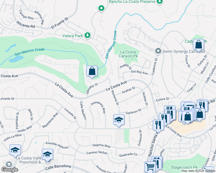 map of restaurants, bars, coffee shops, grocery stores, and more near 7600 Romeria Street in Carlsbad