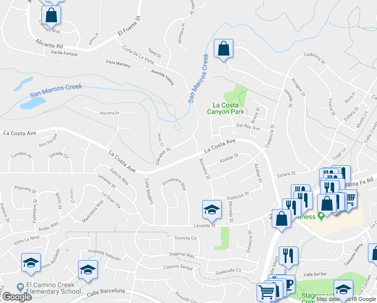 map of restaurants, bars, coffee shops, grocery stores, and more near 2936 La Costa Avenue in Carlsbad