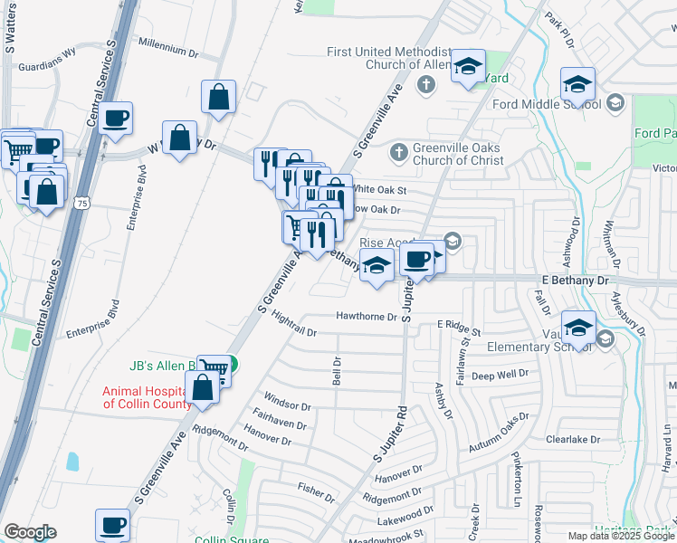 map of restaurants, bars, coffee shops, grocery stores, and more near 8 Bethany Park Drive in Allen